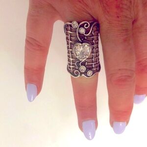 Ring Heart Crystal & 4 more Embedded on Silver Cage Design Excellent Condition